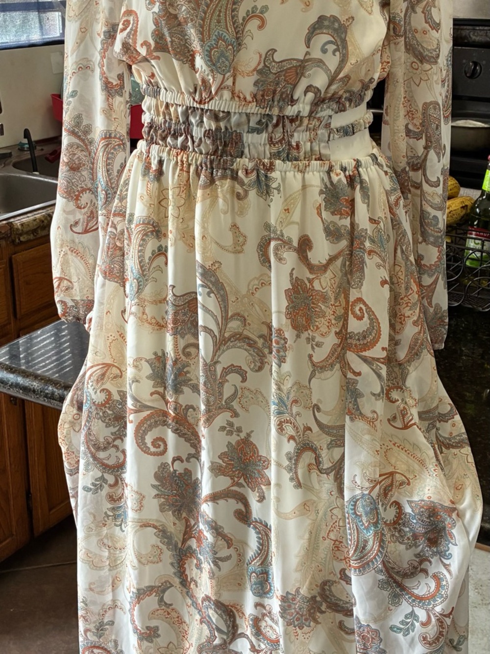 Paisley-Print Cream Maxi Dress with Elastic Waist